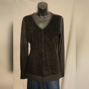 Ecru Suede Long Sleeve V-Neck Shirt Black Suede Leather and Grey Small 3766-KT